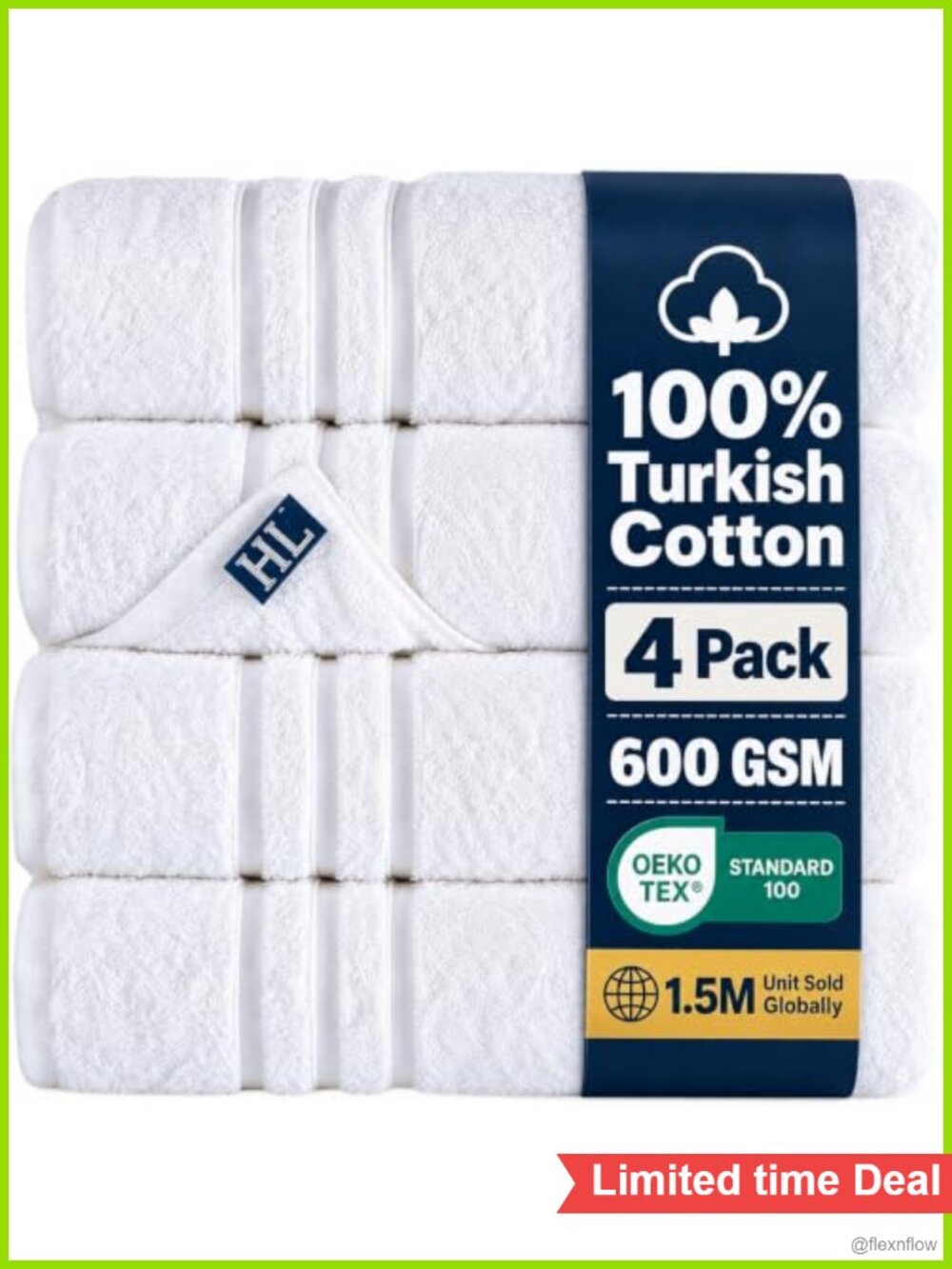 Turkish Cotton Bath Towels Set 4 Pack 600 GSM Absorbent 27x54